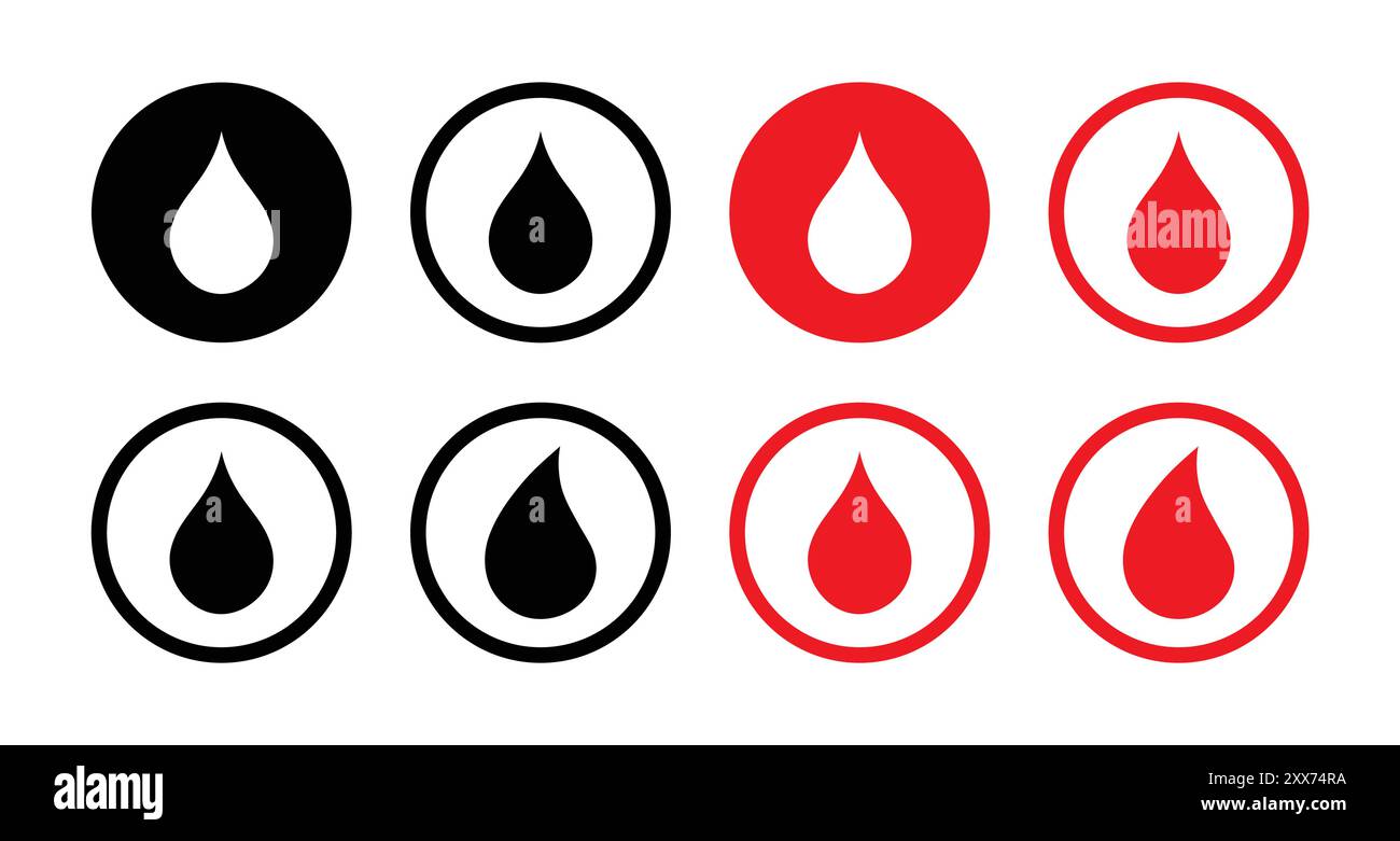 Icône de vecteur de goutte de sang définie de couleur rouge et noire. Symbole de goutte de sang. Concept de donateur. Conception plate. Symbole médical. Jeu d'icônes de logo Blood Drop. Illustration de Vecteur