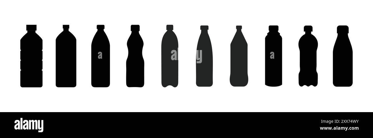 Ensemble d'icônes de silhouette de bouteille en plastique. Jeu de bouteilles d'eau. Collecte de bouteilles en plastique. Illustration vectorielle. Illustration simple noire d'un grand récipient. Illustration de Vecteur