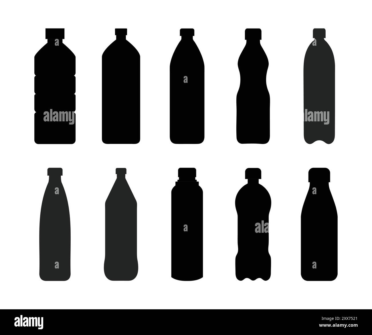 Ensemble d'icônes de bouteille d'eau Silhouette. Collecte de bouteilles en plastique. Ensemble d'icônes de silhouette de bouteille en plastique. Illustration simple noire d'un grand récipient pour l'eau Illustration de Vecteur