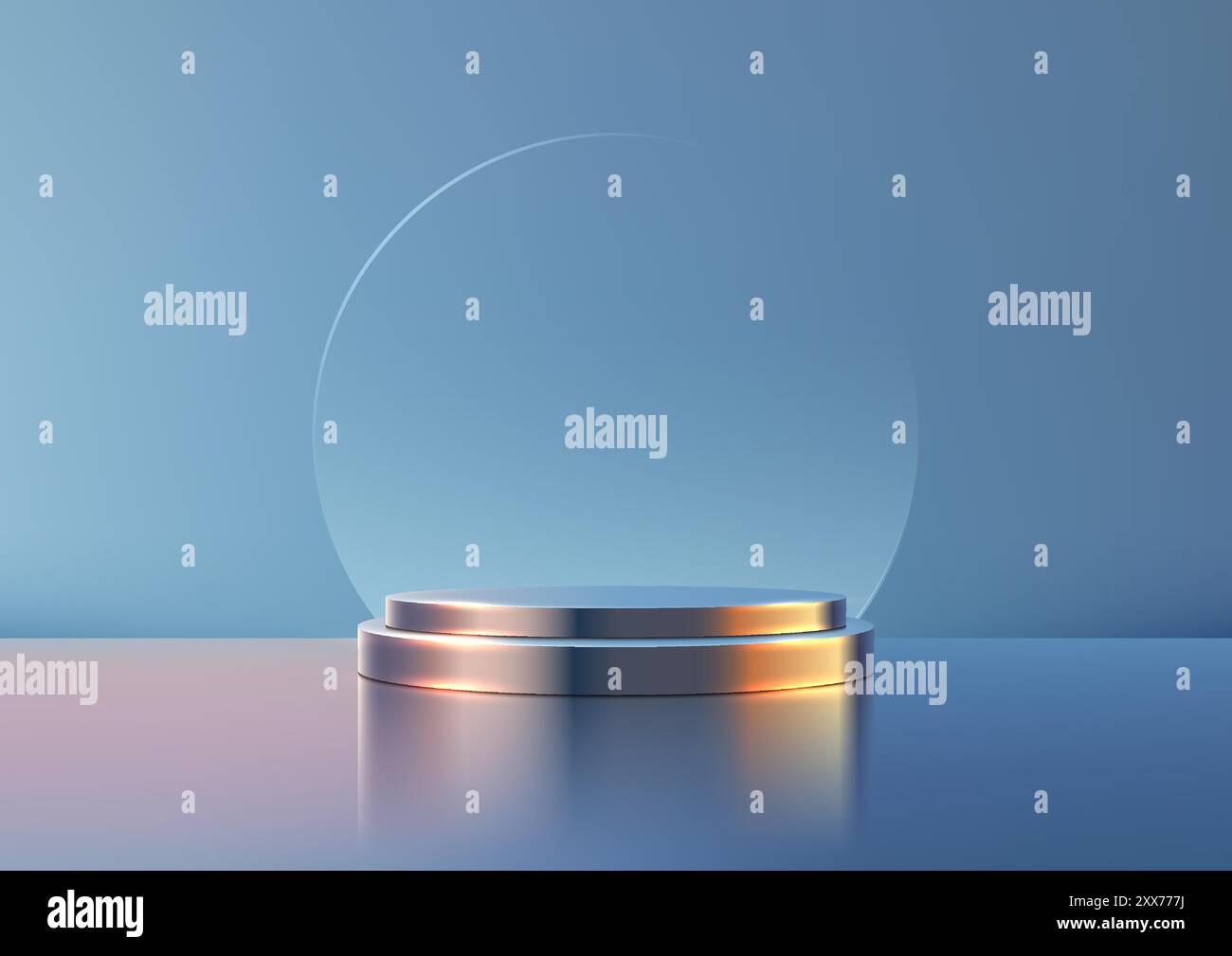 Maquette d'un podium métallique 3D avec dôme en verre circulaire sur fond bleu, affichage de produit de luxe dans un design minimaliste et moderne pour Showcas élégant Illustration de Vecteur