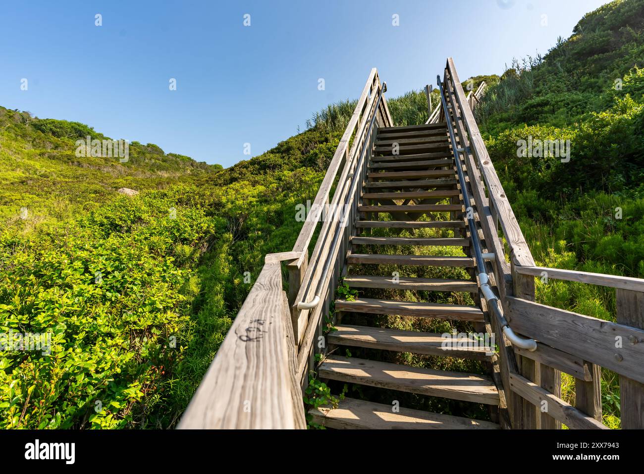Escalier en bois menant à la plage à Mohegan Bluffs, Block Island, Rhode Island, États-Unis. Août 2024. Banque D'Images