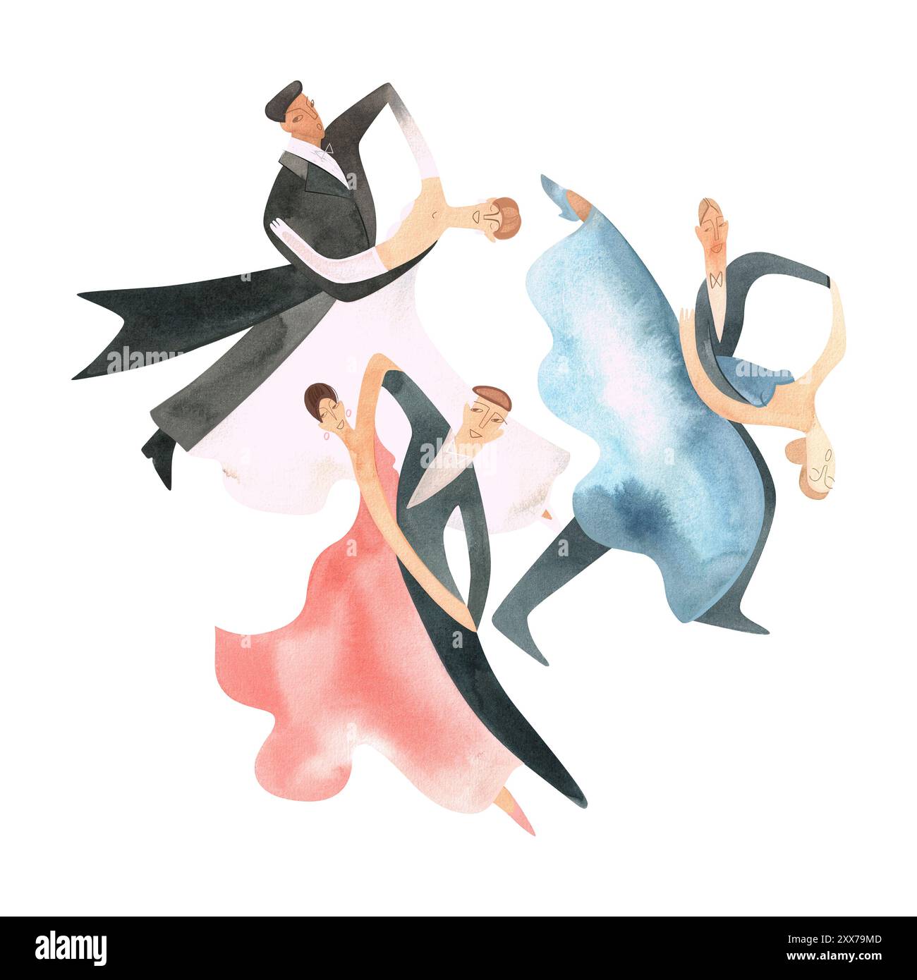 Danse de bal standard. Couples adultes sur le parquet. Illustration aquarelle isolée. Composition pour une carte postale, affiche pour des compétitions Banque D'Images