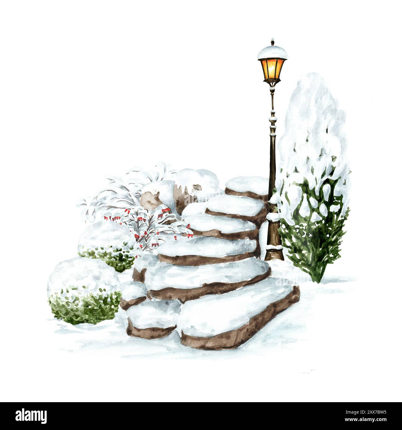 Escaliers sous la neige dans le parc d'hiver. Illustration d'aquarelle dessinée à la main isolée sur fond blanc Banque D'Images