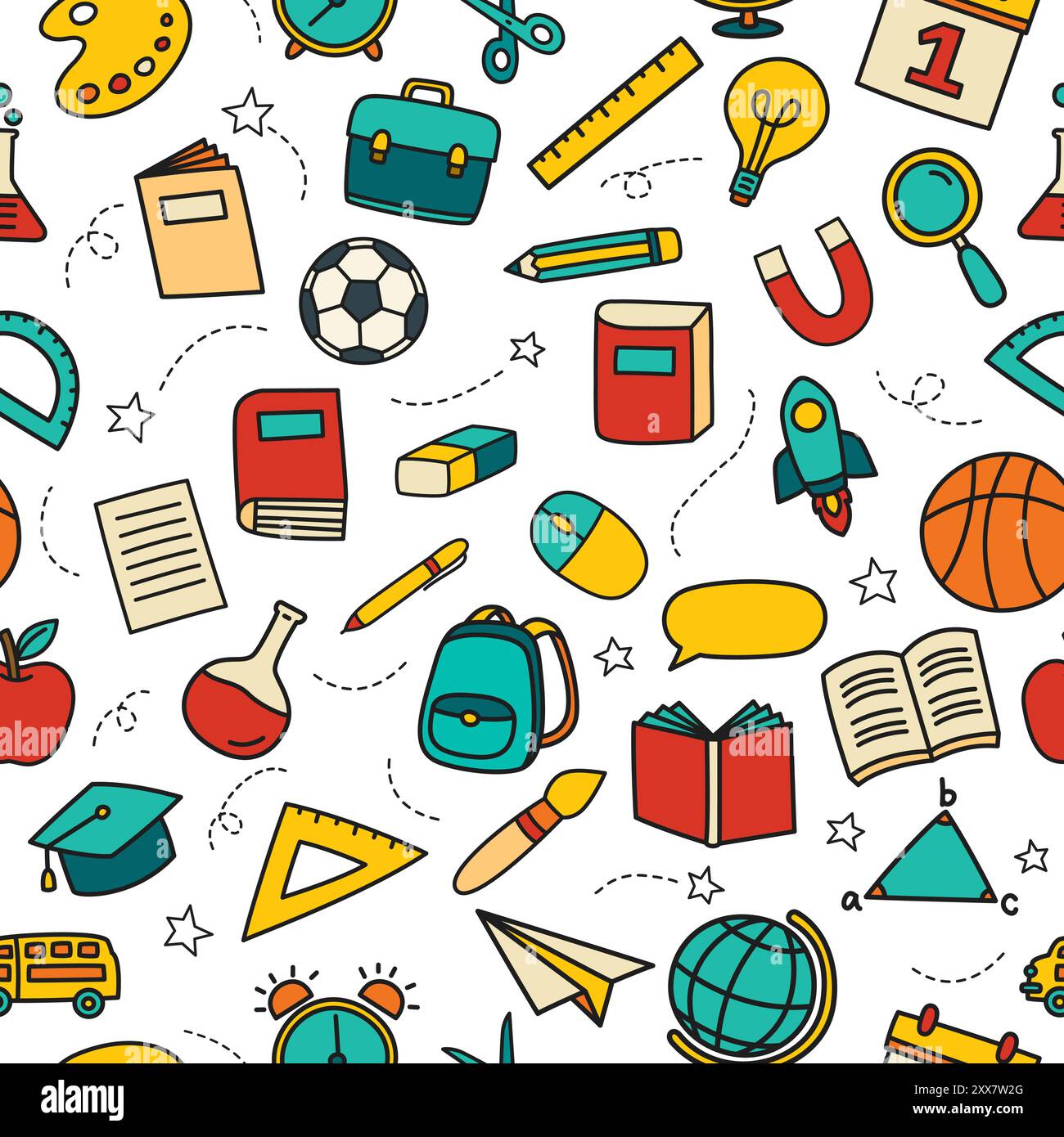 Arrière-plan de style doodle de motif sans couture de retour à l'école. Icône d'objets et de symboles dessinés à la main par l'éducation. Illustration de Vecteur