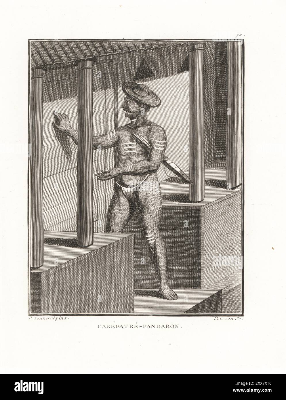 Un dévot religieux de Carepatrepandaron supplie l'aumône en frappant à la porte d'une maison. Il porte un chapeau, un pagne, un corps recouvert de cendres de bouse de vache et marqué de trimurti. Les Carepatrepandarons jurent de ne pas parler, et utilisent leurs mains comme bols de mendicité. Carepatre-Pandaron. Gravure sur cuivre de Jean-Baptiste Marie poisson d'après une illustration de Pierre Sonnerat tirée de son voyage aux Indes orientales et à la Chine (voyage aux Indes orientales et en Chine, Dentu, Paris, 1806). Banque D'Images