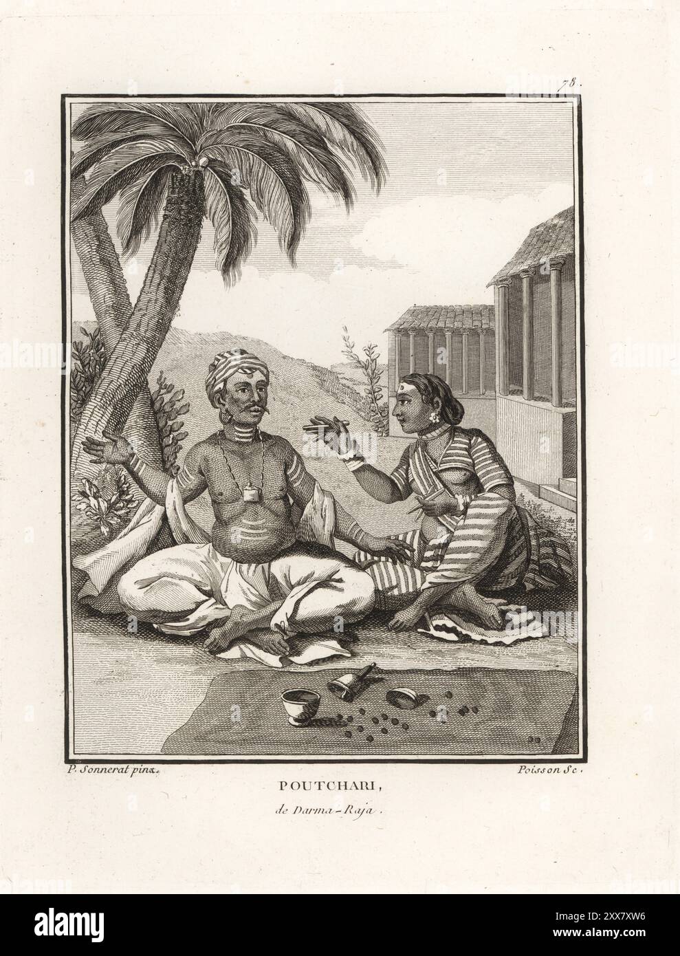 Performance de rue par les dévots Poutchari du culte Darma Raja. Un dévot masculin, portant du turban, des marquages trimurti et dhoti, chante des louanges assis dans la rue. Sa femme en sari et choli l'accompagne sur des castanets. Poutchari de Darma-Raja. Gravure sur cuivre de Jean-Baptiste Marie poisson d'après une illustration de Pierre Sonnerat tirée de son voyage aux Indes orientales et à la Chine (voyage aux Indes orientales et en Chine, Dentu, Paris, 1806). Banque D'Images