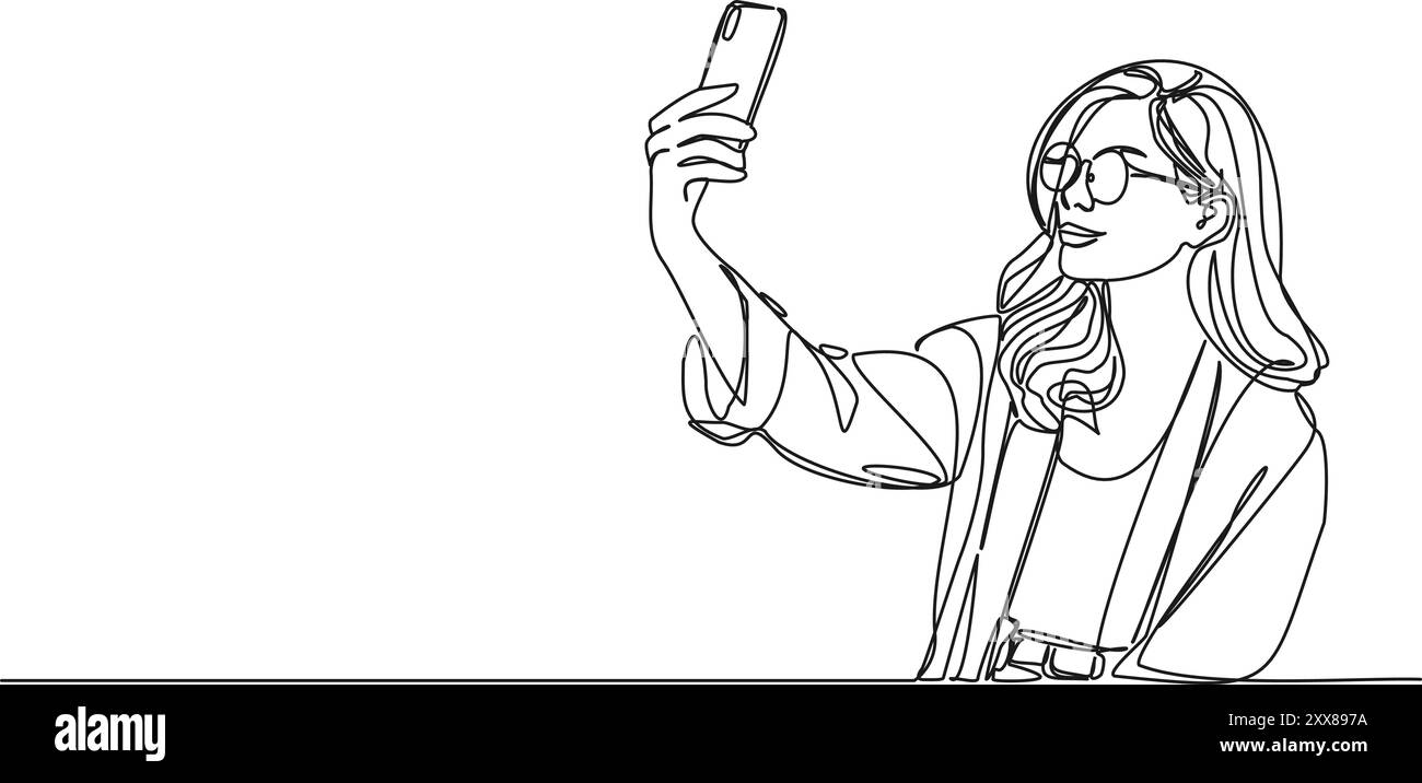 dessin simple continu de la jeune femme avec des lunettes prenant selfie avec smartphone, illustration vectorielle d'art au trait Illustration de Vecteur