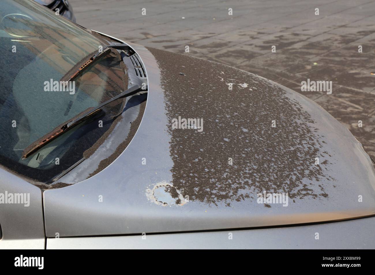 Cendres volcaniques couvrant les voitures à Giarre, ville métropolitaine de Catane en Sicile, Italie. Volcan Etna poussière sur une voiture. Banque D'Images