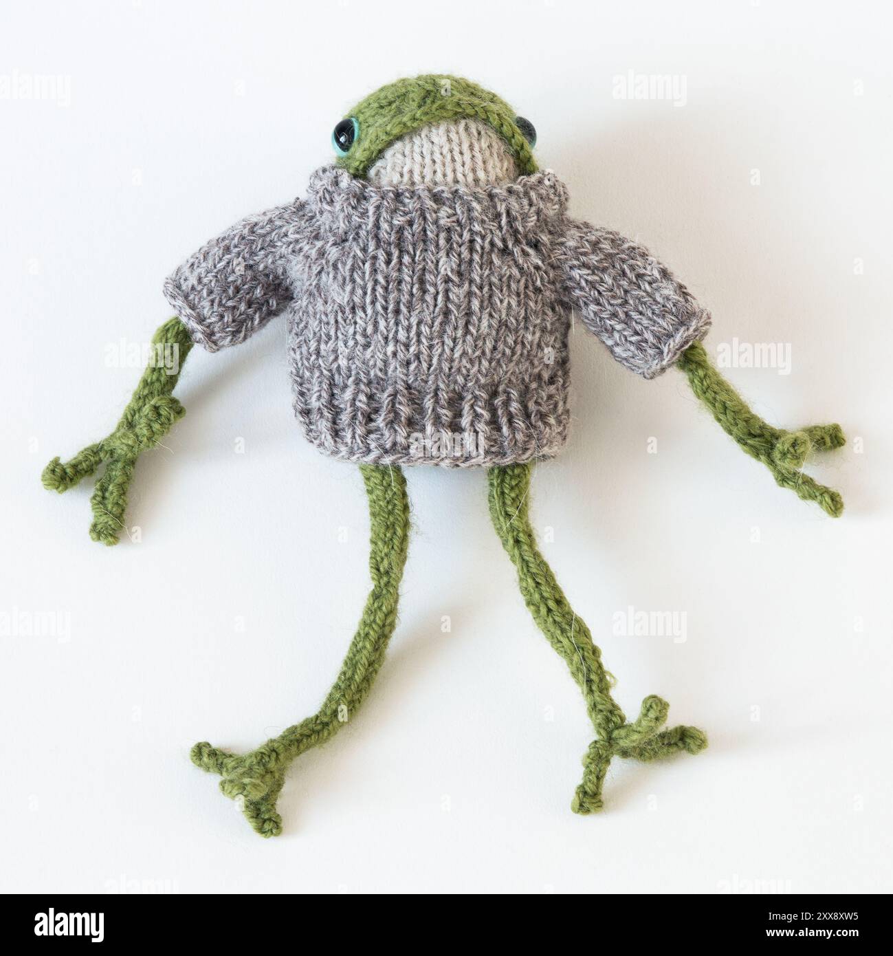 Grenouille verte tricotée dans un pull marron sur fond blanc Banque D'Images