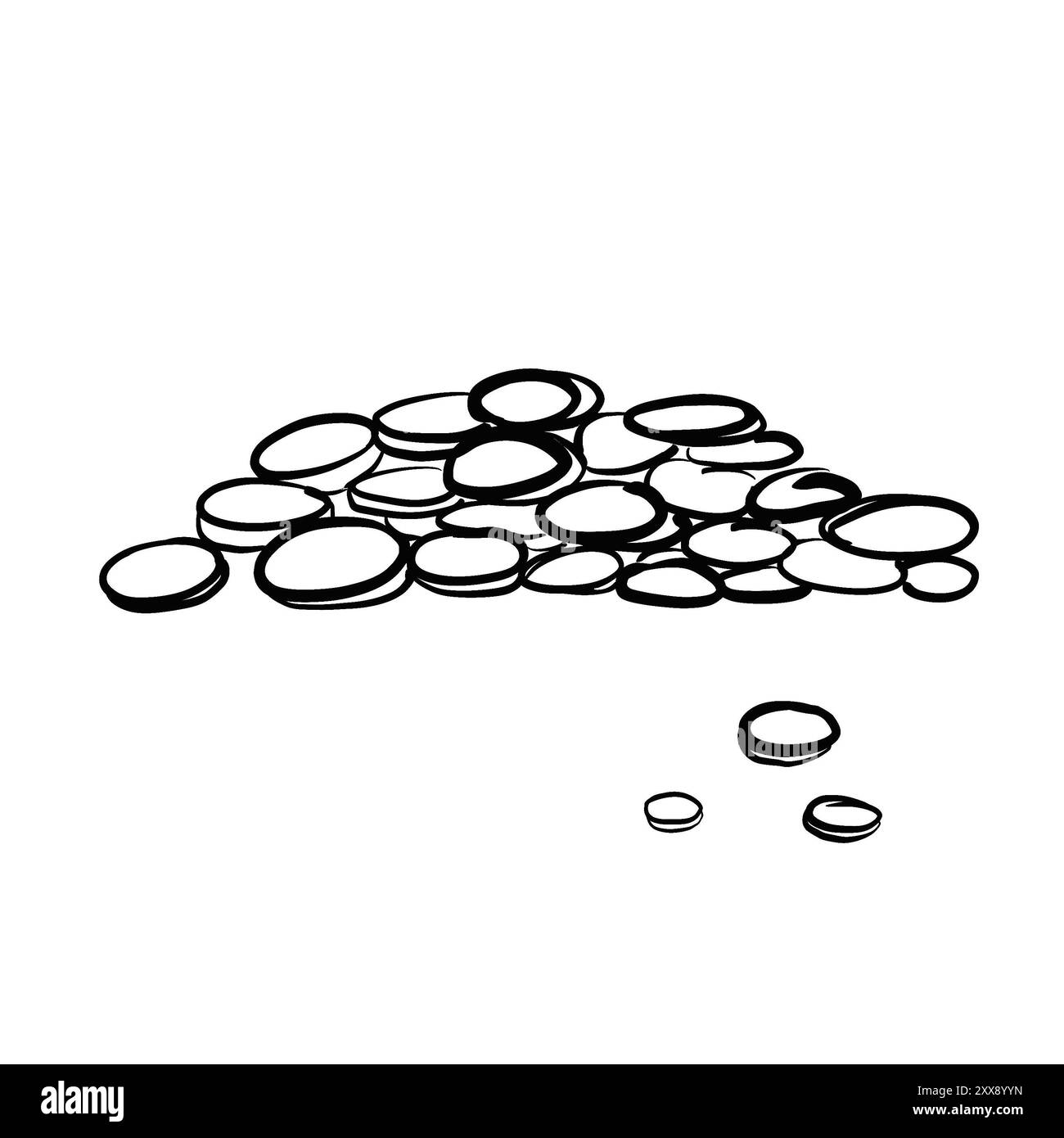 Nourriture pour animaux de compagnie. Céréales pour le petit déjeuner. Nourriture dispersée dans une pile et plusieurs mangeoires à proximité, croquis noir et blanc fait de lignes simples. Banque D'Images