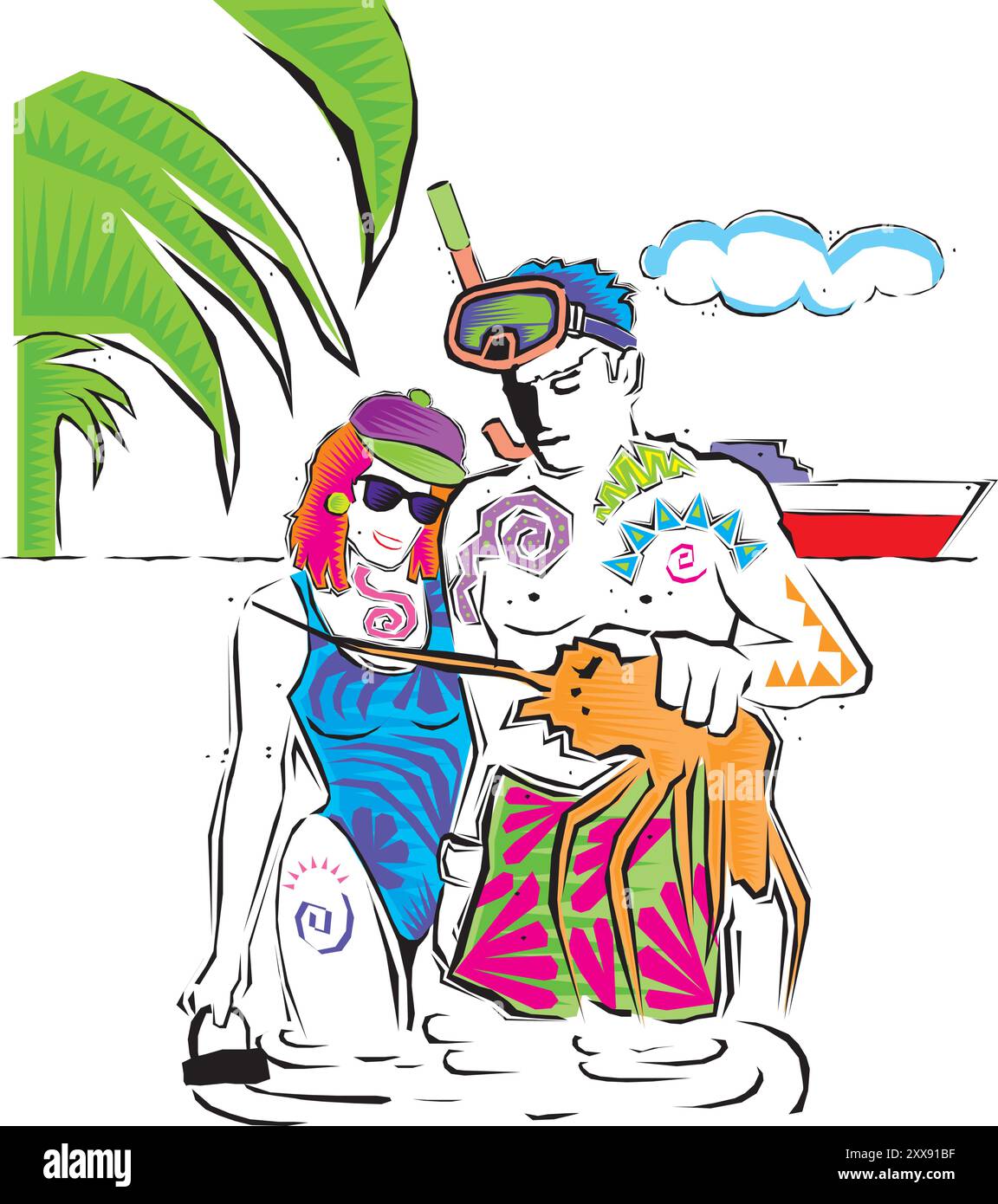 Couple debout dans l'eau sur la plage tropicale avec palmiers et parasol sur sable 3d vecteur isolé isométrique Illustration de Vecteur