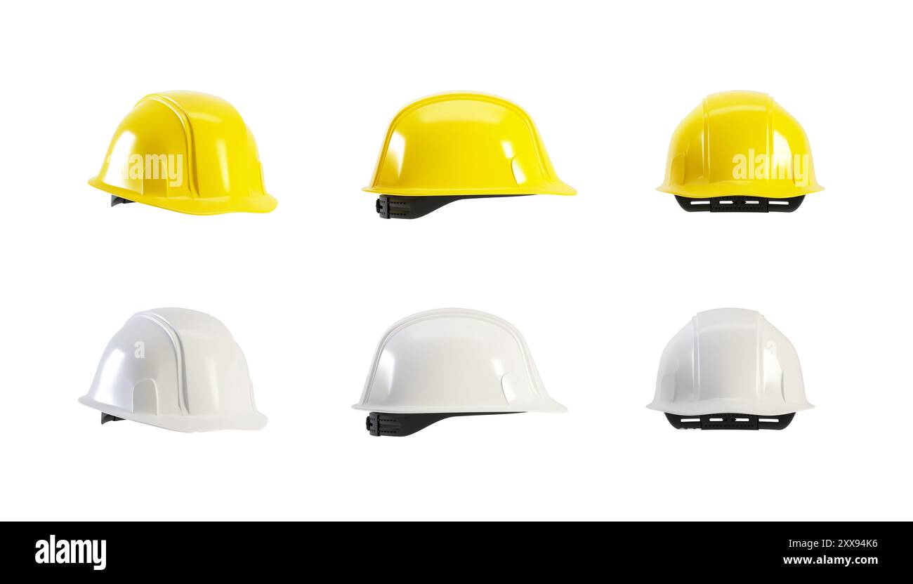 Ensemble de casque isolé sur fond blanc, rendu 3D. Casque jaune et blanc pour la fête du travail Banque D'Images