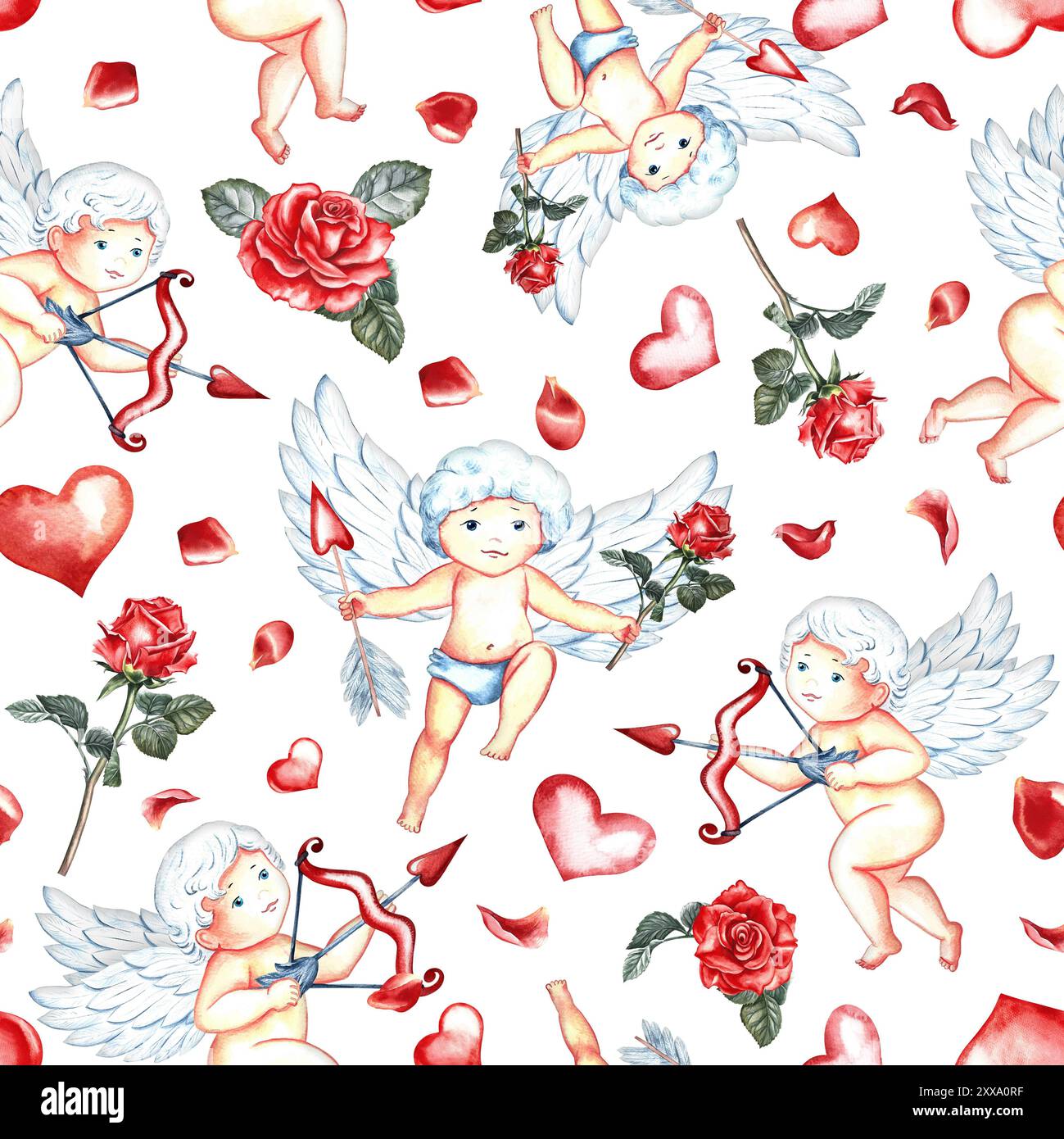 Modèle sans couture avec cupids mignons avec arc, flèches, coeurs et roses. Illustration à l'aquarelle dessinée à la main. Pour la Saint-Valentin et le mariage. Pour Postcar Banque D'Images
