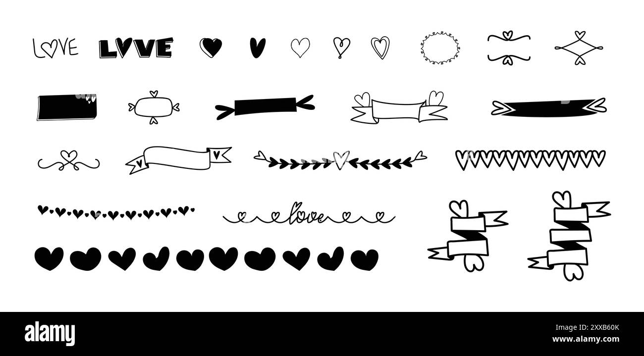 Ensemble d'étiquettes d'amour et de dessins Doodles - Scroller and Ribbon Design Illustration de Vecteur