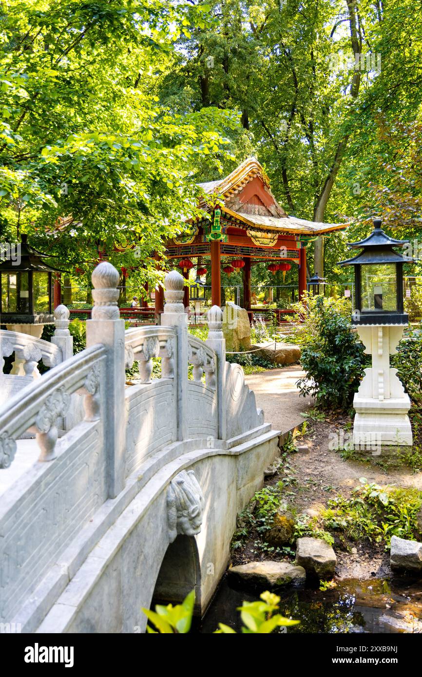 Pavillon chinois, pont de pierre et lanterne au jardin chinois du parc des bains royaux (parc Lazienkowski), Varsovie, Pologne Banque D'Images