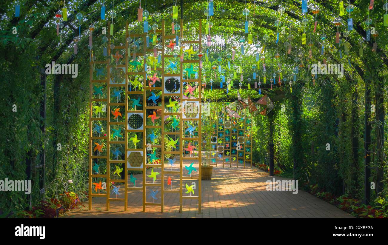 Promenez-vous dans le vibrant "Rose tunnel" pendant le Festival d'été, où des carillons de vent colorés et des moulins à vent ludiques créent un visuel apaisant et Banque D'Images