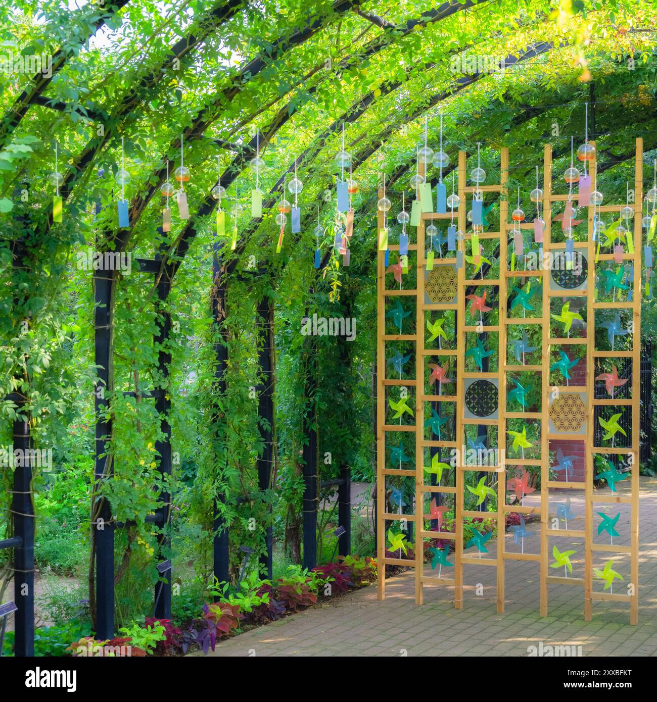 Promenez-vous dans le vibrant "Rose tunnel" pendant le Festival d'été, où des carillons de vent colorés et des moulins à vent ludiques créent un visuel apaisant et Banque D'Images