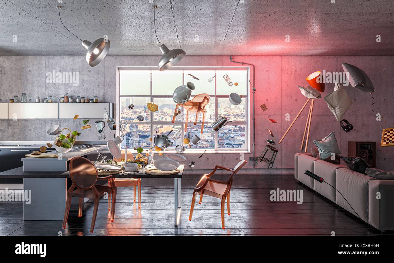 rendu 3d désordonné ustensiles de meubles d'appartement modernes flottant air zéro gravité Banque D'Images