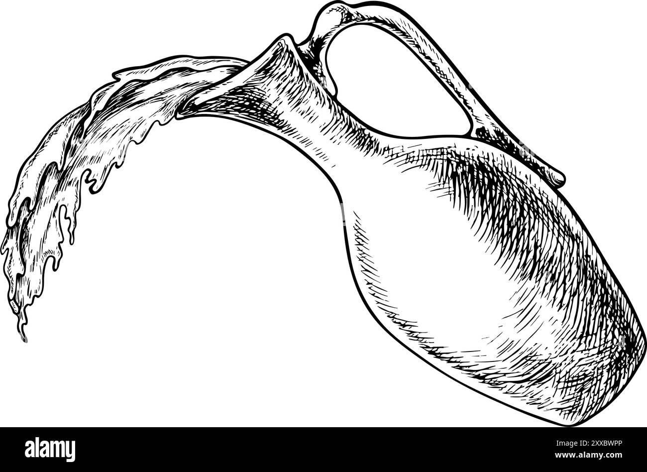 Carafe en argile renversant du liquide. Une cruche vintage verse de l'eau ou du vin. Graphiques vectoriels, illustrations dessinées à la main en noir et blanc, sur fond blanc. Pour t Illustration de Vecteur