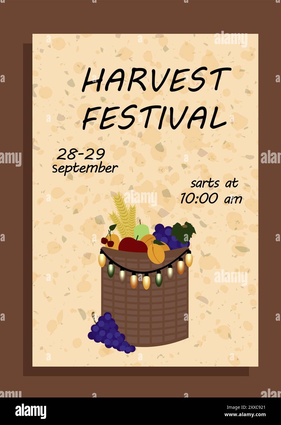 Affiche pour le festival des vendanges présentant un panier de fruits, y compris raisins, pommes, poires, abricots, et cerises. Pour les promotions d'événements, les marchés agricoles Illustration de Vecteur