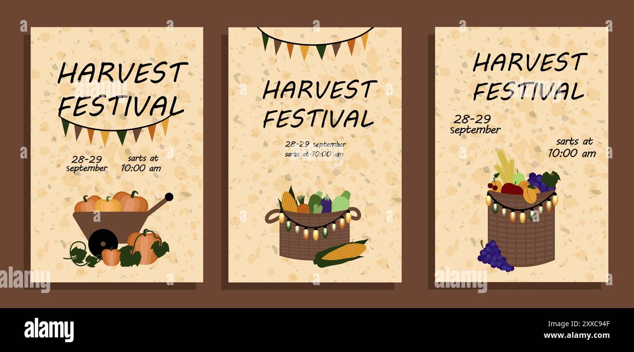 Ensemble d'affiches du festival des récoltes avec des paniers de légumes et de fruits, et une brouette pleine de citrouilles. Illustration vectorielle dans le style plat pour Illustration de Vecteur