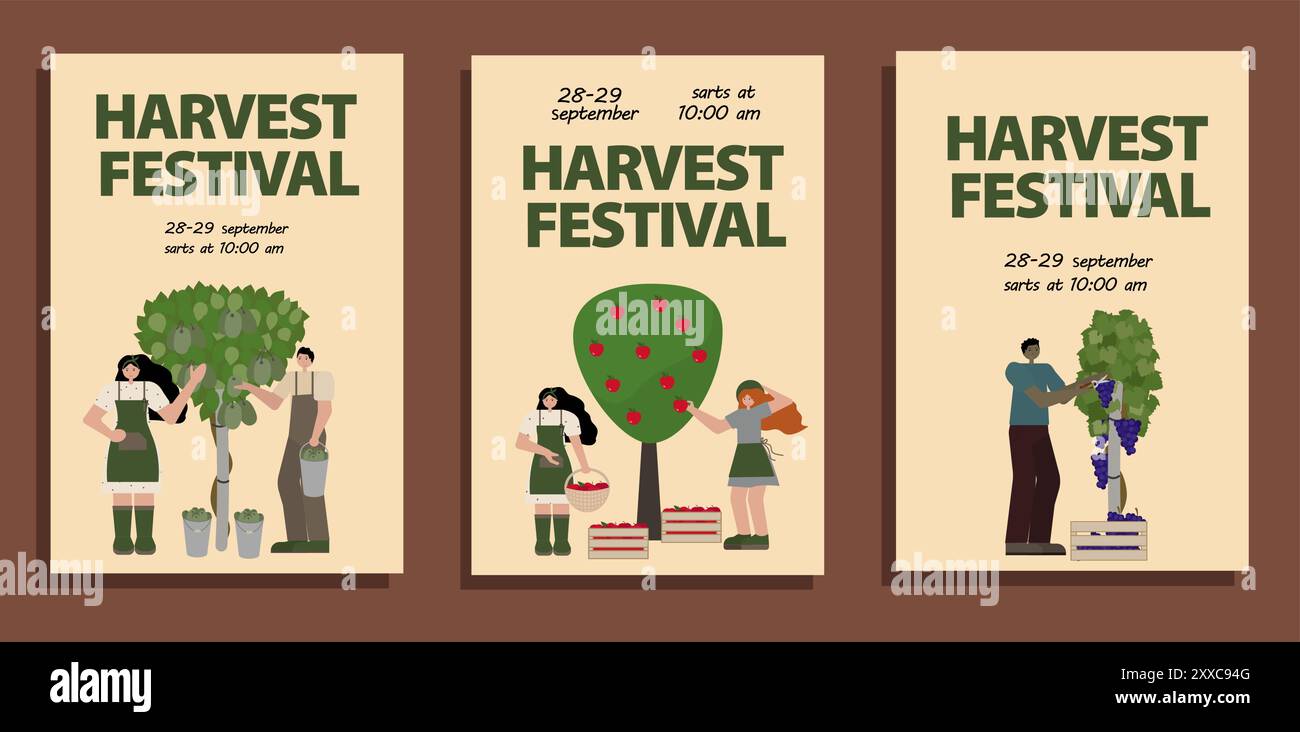 Ensemble d'affiches du festival des récoltes représentant une jeune femme et un jeune homme cueillant des fruits dans les arbres. Vecteur en plat. Pour la promotion des événements de récolte, saisonniers Illustration de Vecteur