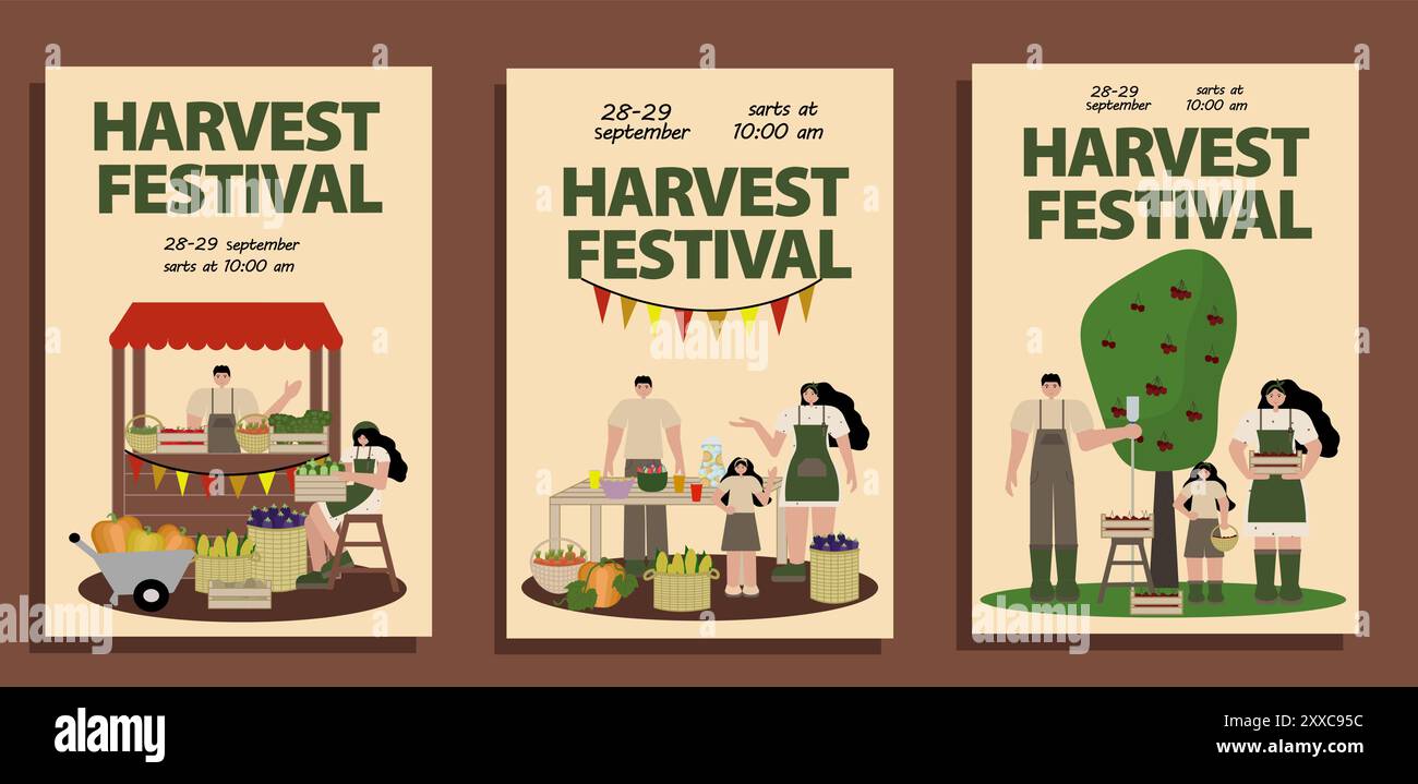 Ensemble d'affiches du festival de la récolte mettant en vedette la famille célébrant le festival de la récolte et cueillant des cerises dans l'arbre. Vecteur en plat. Idéal pour les promotions événementielles Illustration de Vecteur