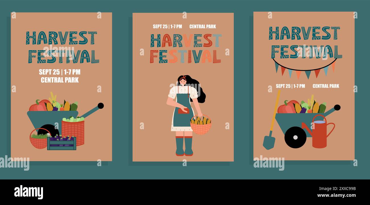 Ensemble d'affiches du festival des récoltes présentant des légumes dans une brouette, des paniers et des caisses en bois. Vecteur en plat. Pour promouvoir les festivals d'automne, les agriculteurs Illustration de Vecteur