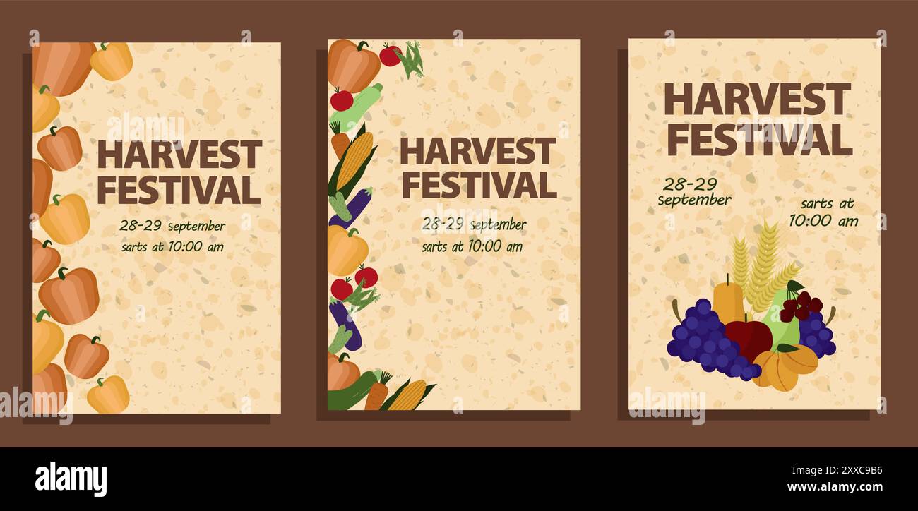 Ensemble d'affiches pour le festival des récoltes mettant en vedette des légumes et des fruits. Vecteur en plat. Pour promouvoir les événements saisonniers, les marchés agricoles et les festivals d'automne. CAN Illustration de Vecteur
