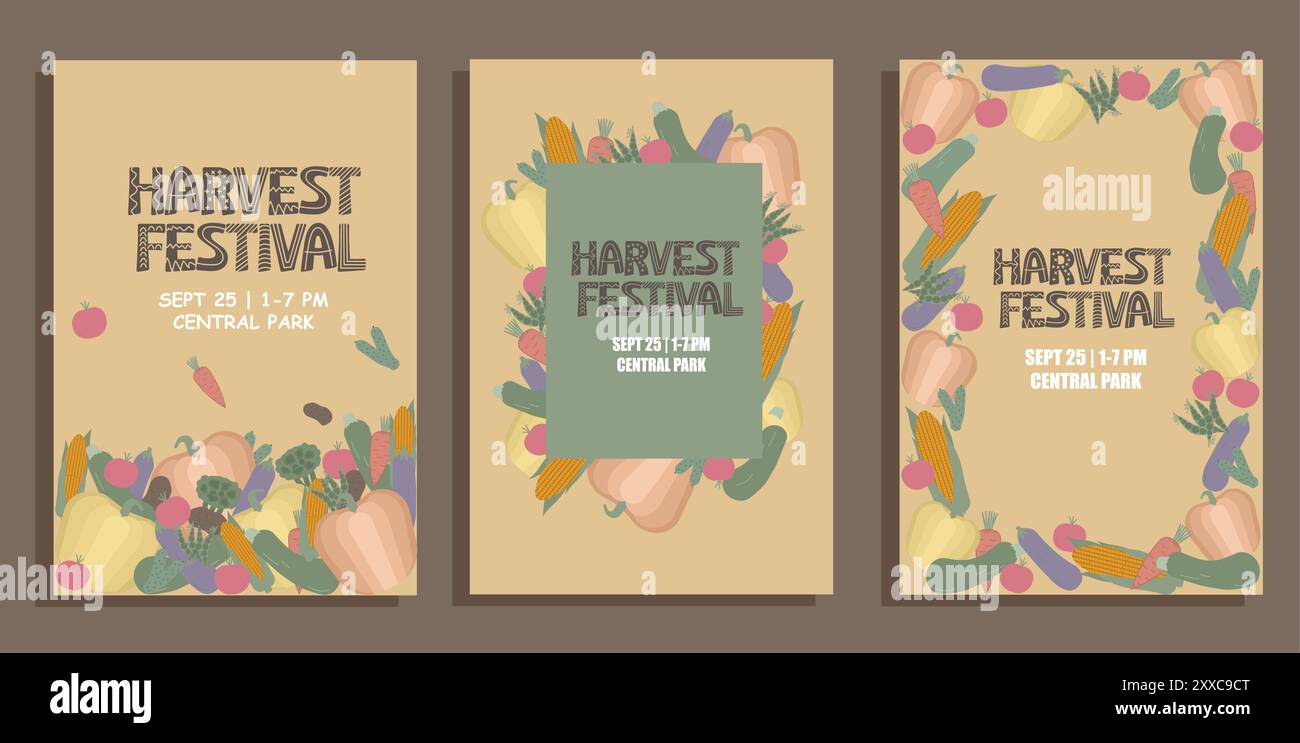 Ensemble d'affiches du festival des récoltes avec des légumes illustrés dans des tons discrets et discrets. Vecteur dans le style. À utiliser dans les affiches d'événement et saisonnières Illustration de Vecteur