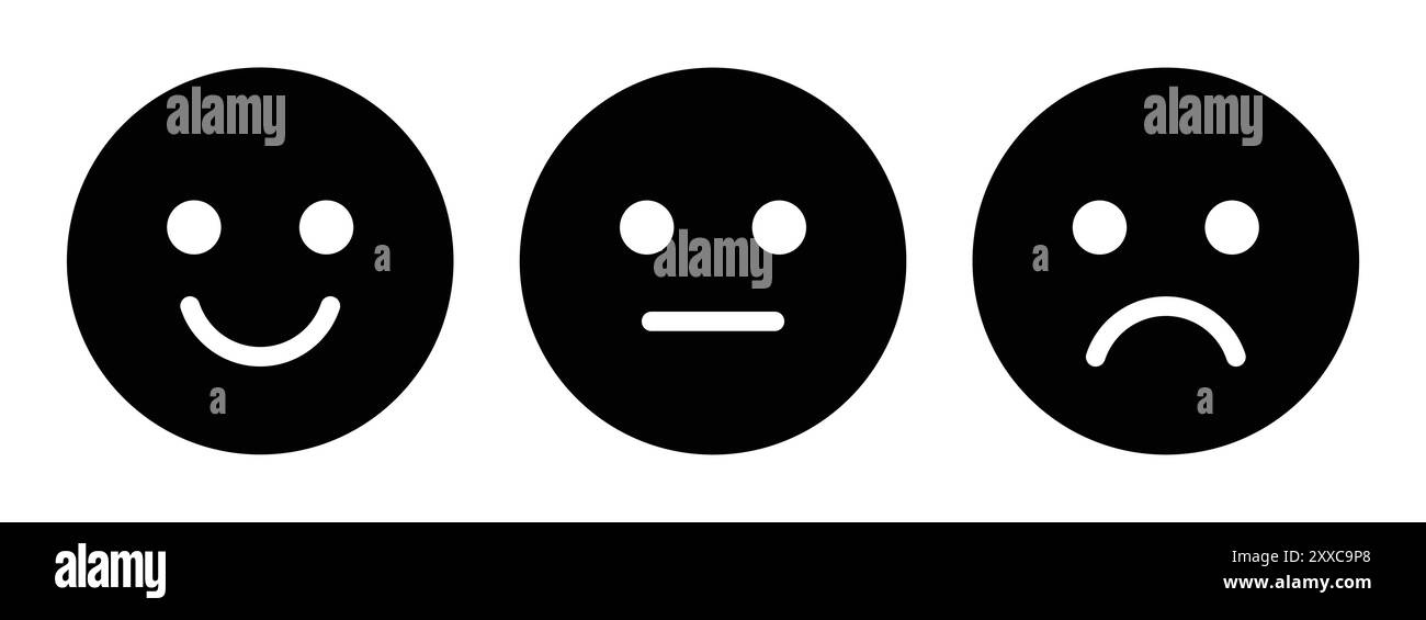 Joyeux, triste et neutre émoji smiley défini dans l'illustration vectorielle de couleur noir et blanc. Émoticônes positives, neutres et négatives. Illustration de Vecteur