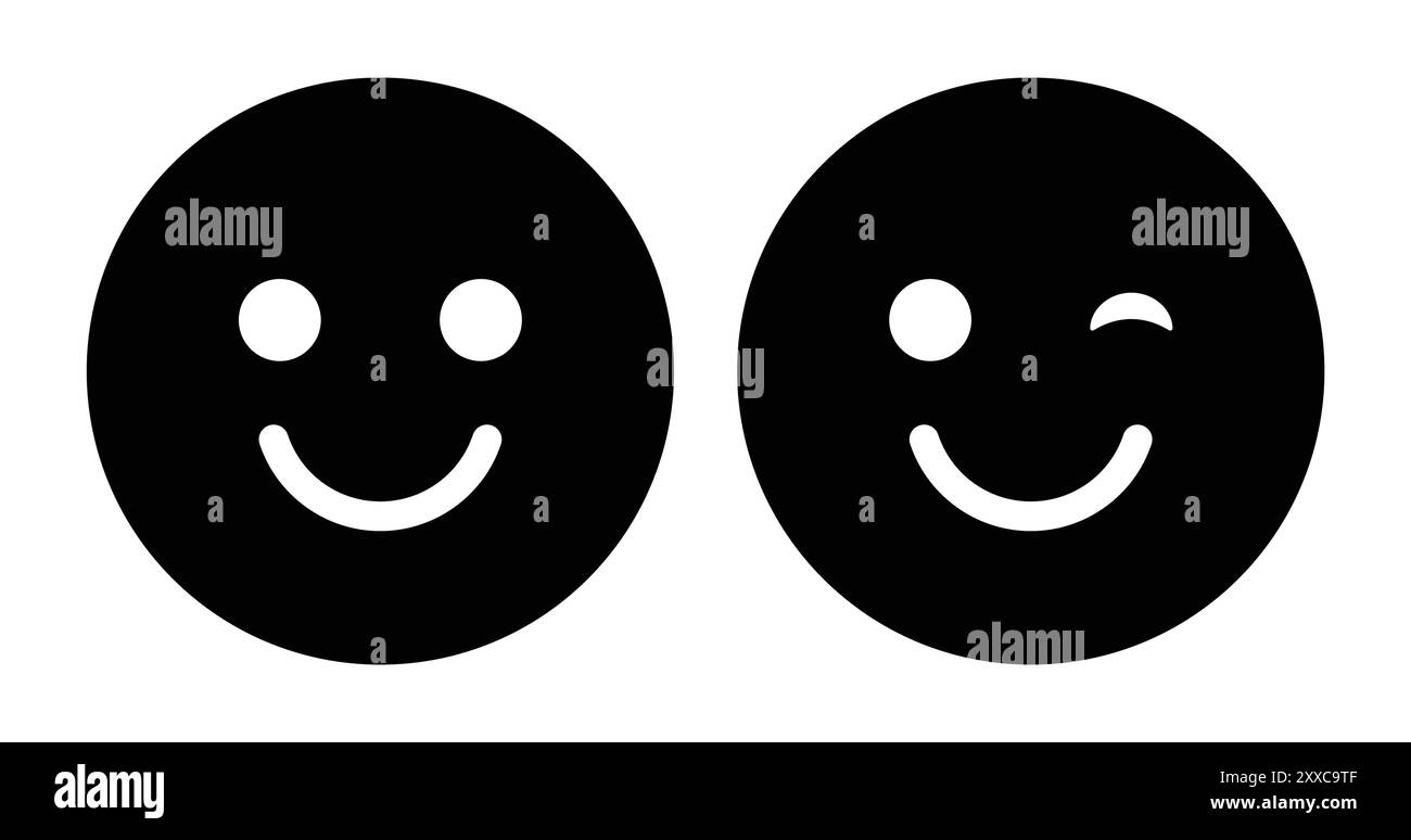 Sourire et clin d'œil ou cligner les yeux face emoji smiley set en noir et blanc. Face de claquement. Eye clink emoji, émoticône jaune drôle avec sourire. Icône sourire. Illustration de Vecteur