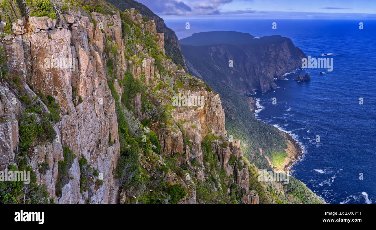 Vue sur l'océan et les falaises ensoleillées depuis le point de vue de Cape Raoul, Tasman National Park, Tasman Peninsula, Tasmanie Banque D'Images