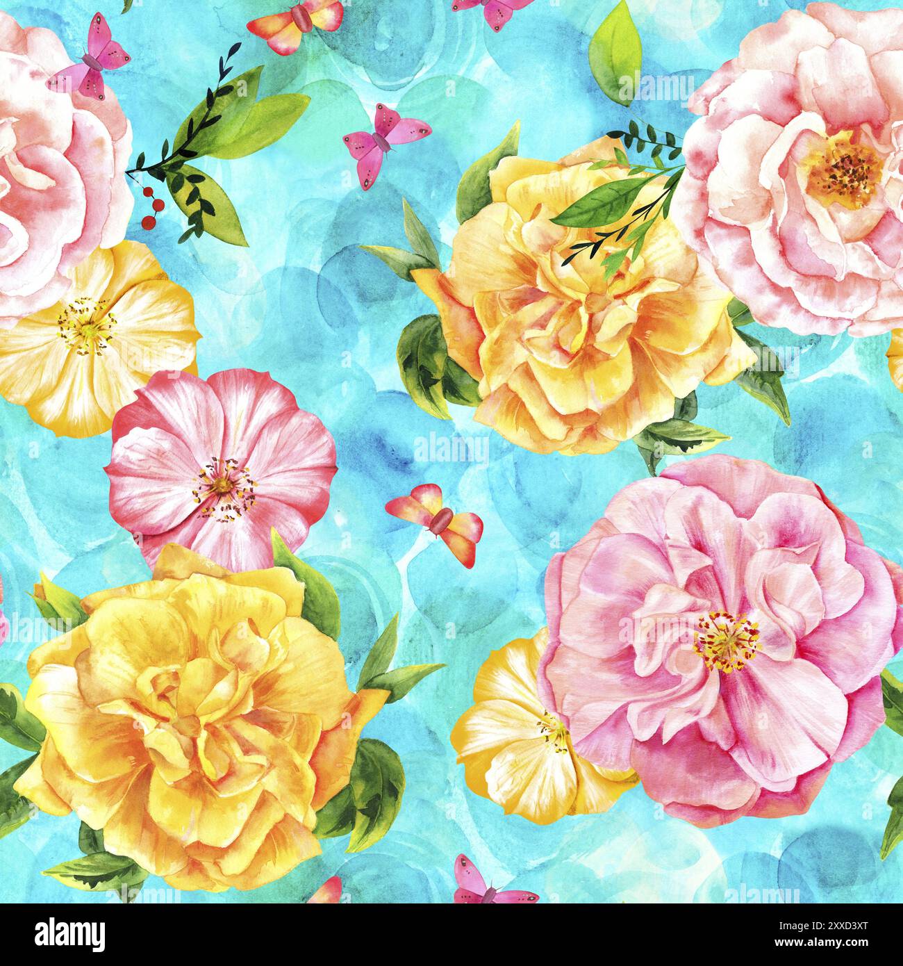 Un motif sans couture avec des dessins aquarelles de roses roses et jaunes en fleurs et de papillons, peints à la main sur fond turquoise dans le style de vi Banque D'Images