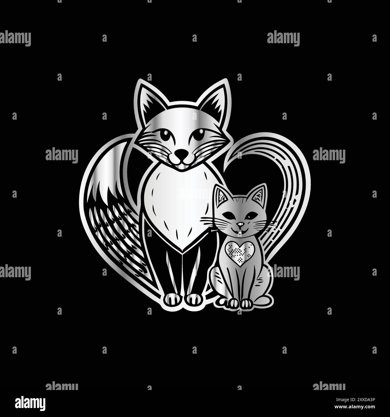 Renard mignon et chat avec coeur sur fond noir. Illustration vectorielle. Image vectorielle d'un renard et d'un chat en forme de coeur Illustration de Vecteur