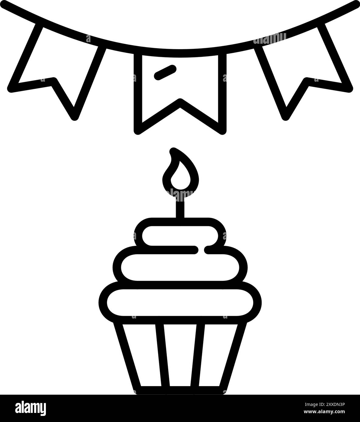 Guirlande de célébration et cupcake avec bougie. Bébé première fête d'anniversaire. Icône vectorielle Pixel Perfect Illustration de Vecteur