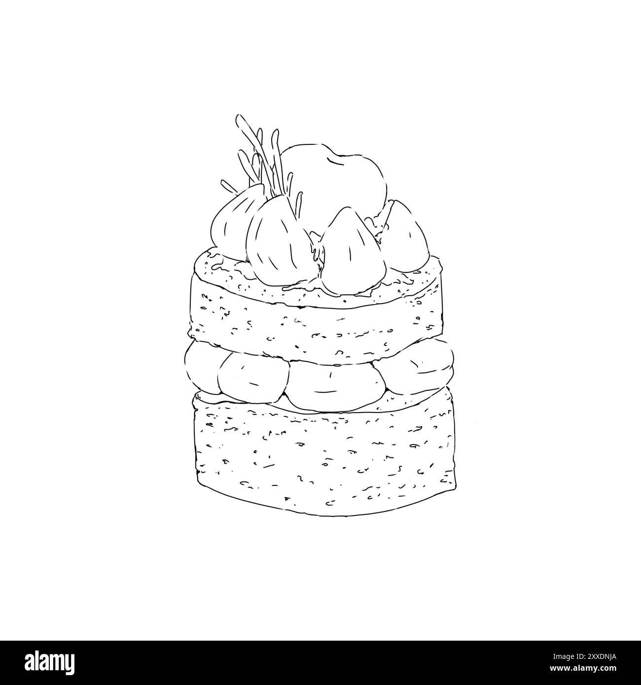 Gâteau de Noël avec deux couches sans gâteau et gouttes de meringue avec des cerises et de la confiture avec des branches de romarin graphique noir et blanc illustration prin Banque D'Images