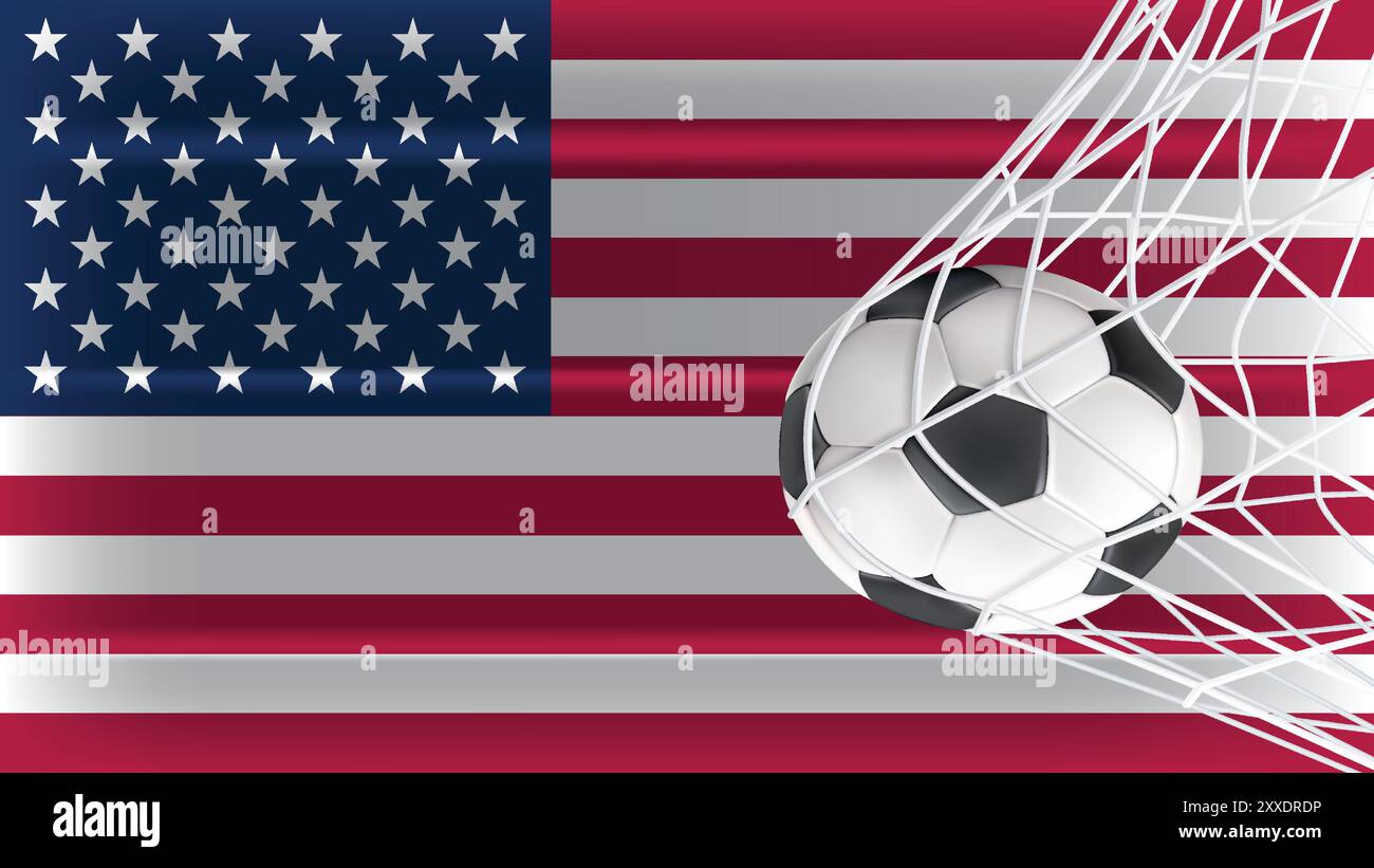 Ballon de football dans le filet de but avec fond de drapeau des États-Unis, illustration vectorielle 3D réaliste Illustration de Vecteur