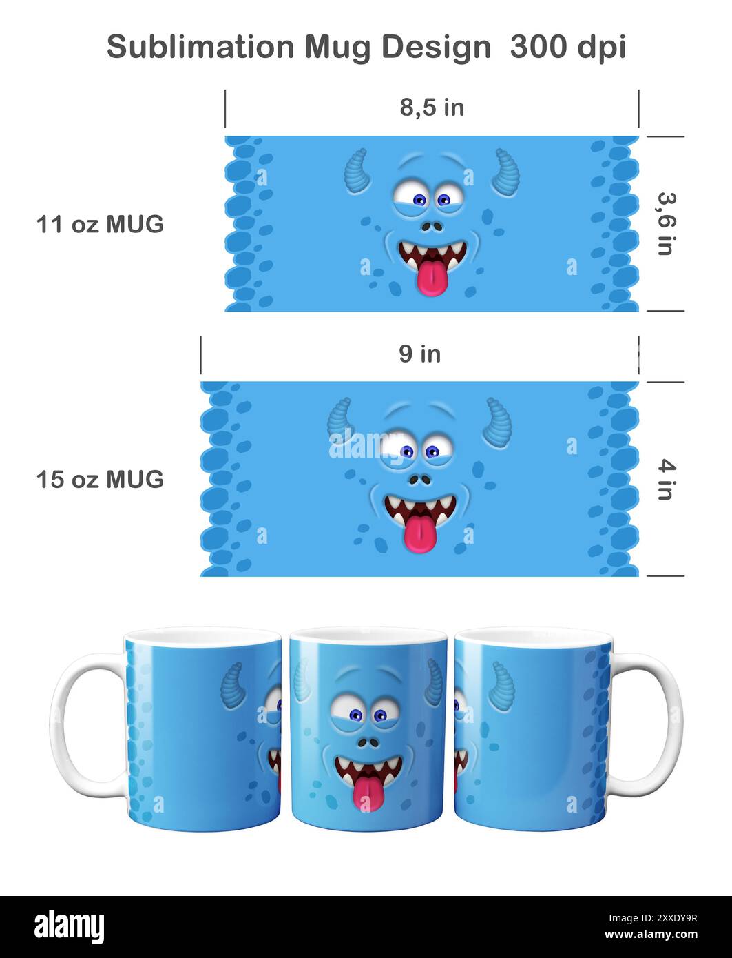 Drôle de visage de monstre bleu. Modèle de sublimation pour tasse à café de 11 oz et 15 oz. Banque D'Images