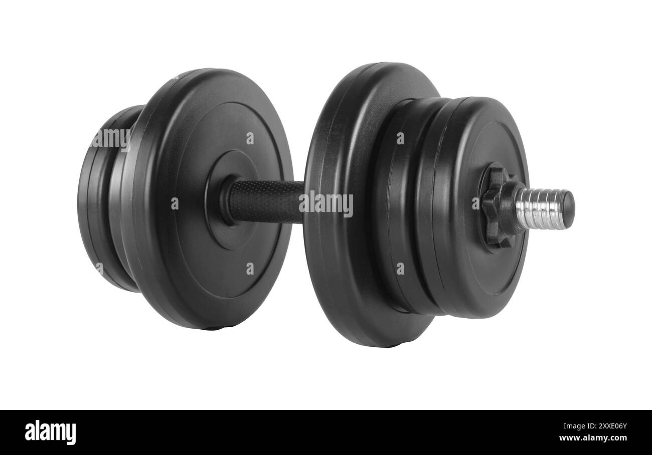 Sport et fitness - haltère noir fond blanc isolé Banque D'Images