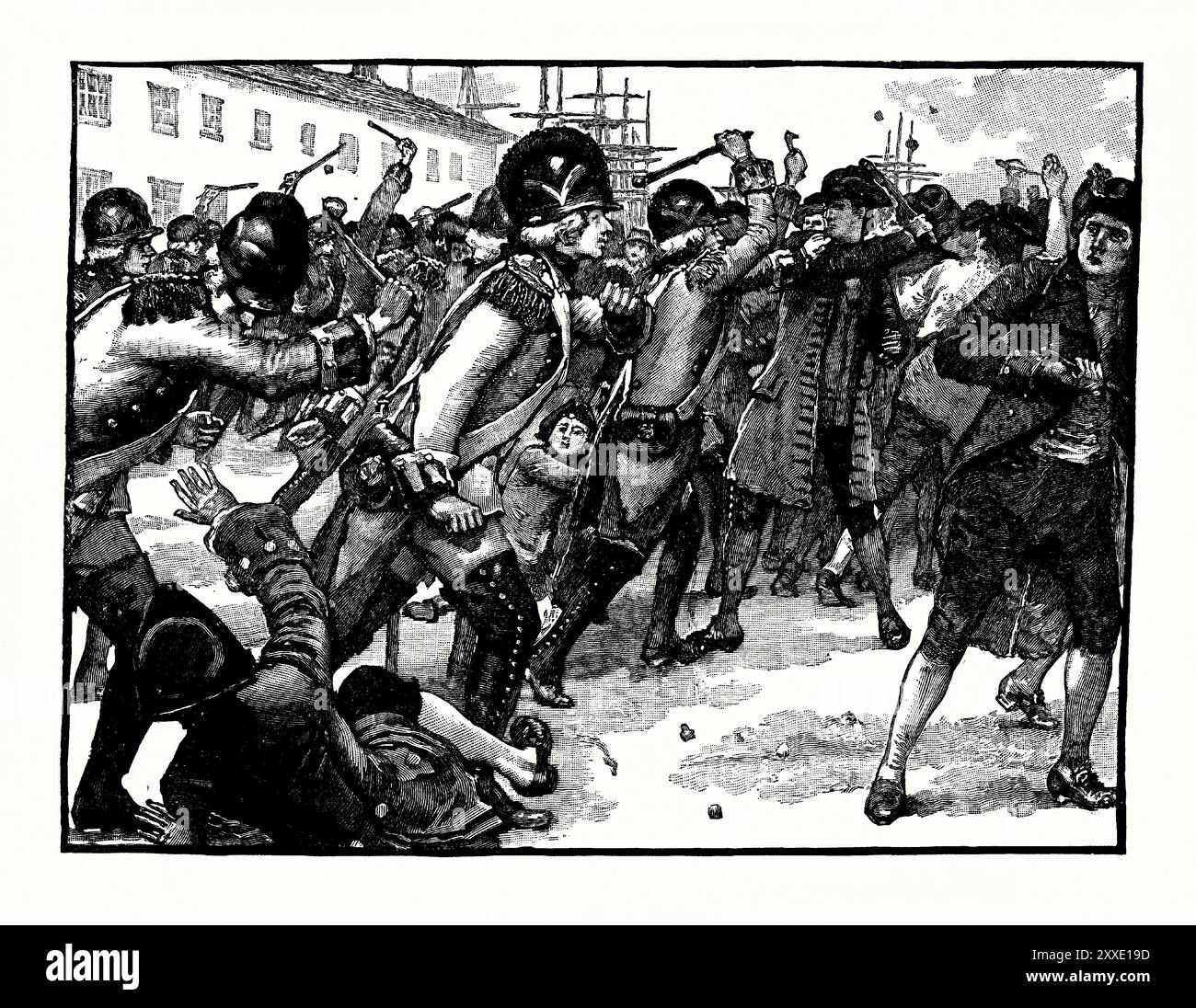 Une ancienne gravure du « massacre de Ropewalk » Boston, Massachusetts, États-Unis en 1770. Il est tiré d'un livre d'histoire victorienne de c.1900. L'industrie de la fabrication de baguettes a continué à se développer entre les années 1730 et la guerre d'indépendance. Les téléphériques de Boston sont devenus l’un des nombreux endroits où la résistance à la Couronne britannique s’est développée en une révolution naissante. Des échauffourées éclatèrent entre soldats britanniques et ouvriers aux ropewalk d'Atkinson Street. Il s'est transformé en une confrontation sérieuse et les corbeurs Samuel Grey et Crispus Attucks ont tous deux été tués. Banque D'Images