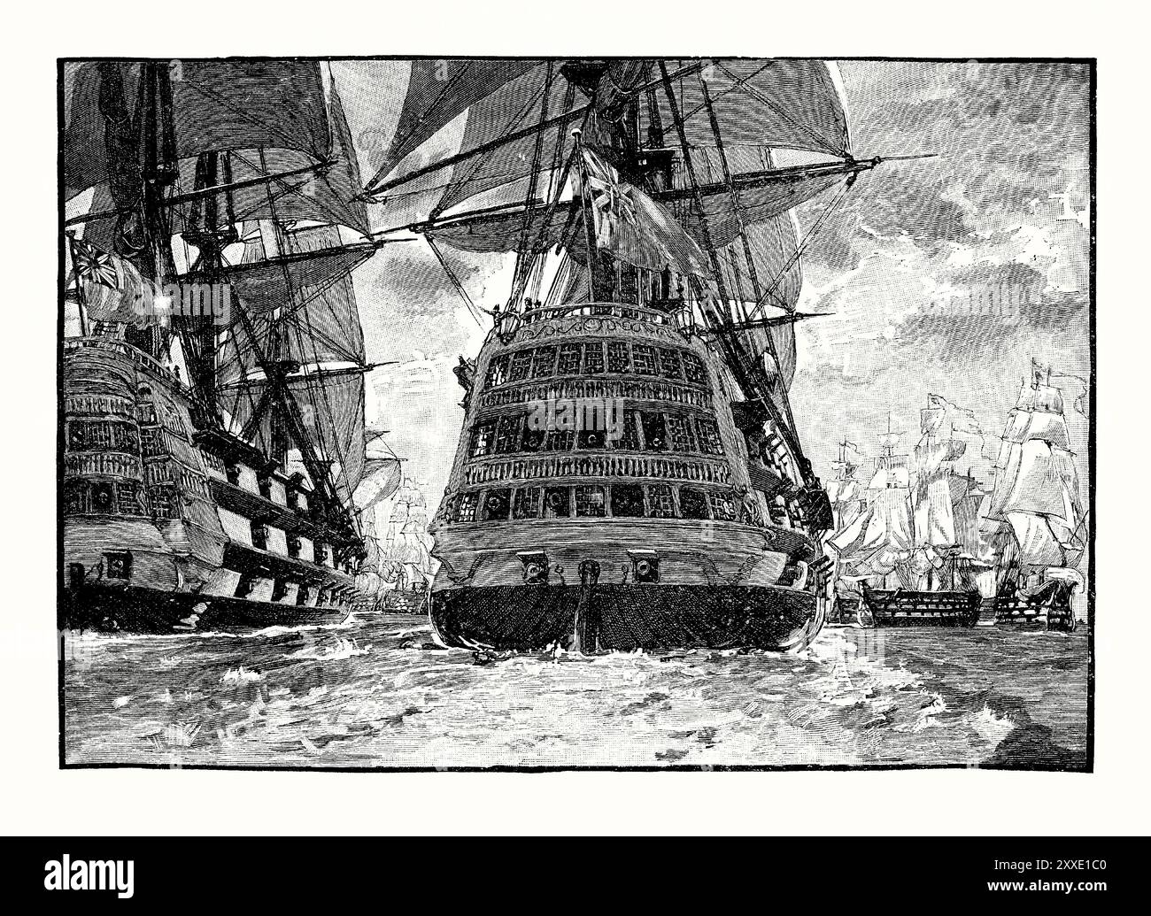 Une vieille gravure des navires de la flotte britannique entra en action lors de la bataille de Trafalgar de 1805. Il est tiré d'un livre d'histoire victorienne de c.1900. La bataille de Trafalgar est un engagement naval qui a eu lieu le 21 octobre 1805 entre la Royal Navy britannique et les flottes combinées des marines française et espagnole. Dans le cadre des plans de Napoléon pour envahir le Royaume-Uni, les flottes française et espagnole se sont combinées pour prendre le contrôle de la Manche. Ils rencontrèrent la flotte britannique, commandée par Lord Nelson, dans l'océan Atlantique le long de la côte sud-ouest de l'Espagne, au large du cap Trafalgar. Banque D'Images