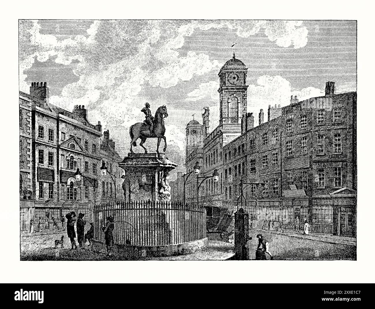 Une vue de Charing Cross, Westminster, Londres, Angleterre, Royaume-Uni en 1795. Il est tiré d'un livre d'histoire victorienne de c.1900. Charing Cross est un carrefour où six routes se rencontrent. La grande croix d'Eleanor marquait autrefois le site. La croix monumentale médiévale était l'instance la plus grande et la plus ornée d'une chaîne de croix d'Eleanor médiévale allant de Lincoln à cet endroit. Une statue équestre en bronze de Charles Ier a été érigée en 1675, était à l'origine située à peu près à l'endroit où se trouvait la croix. Banque D'Images