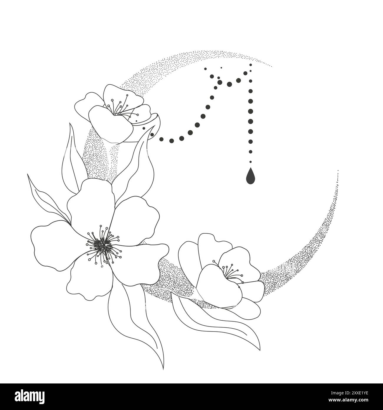 Élégant tatouage de contour de fleur de lune en ligne mince, élément mystique spirituel floral pointillisme de texture de grain, illustration magique boho ésotérique, décoration de ligne, feuilles et points. Illustration vectorielle Illustration de Vecteur