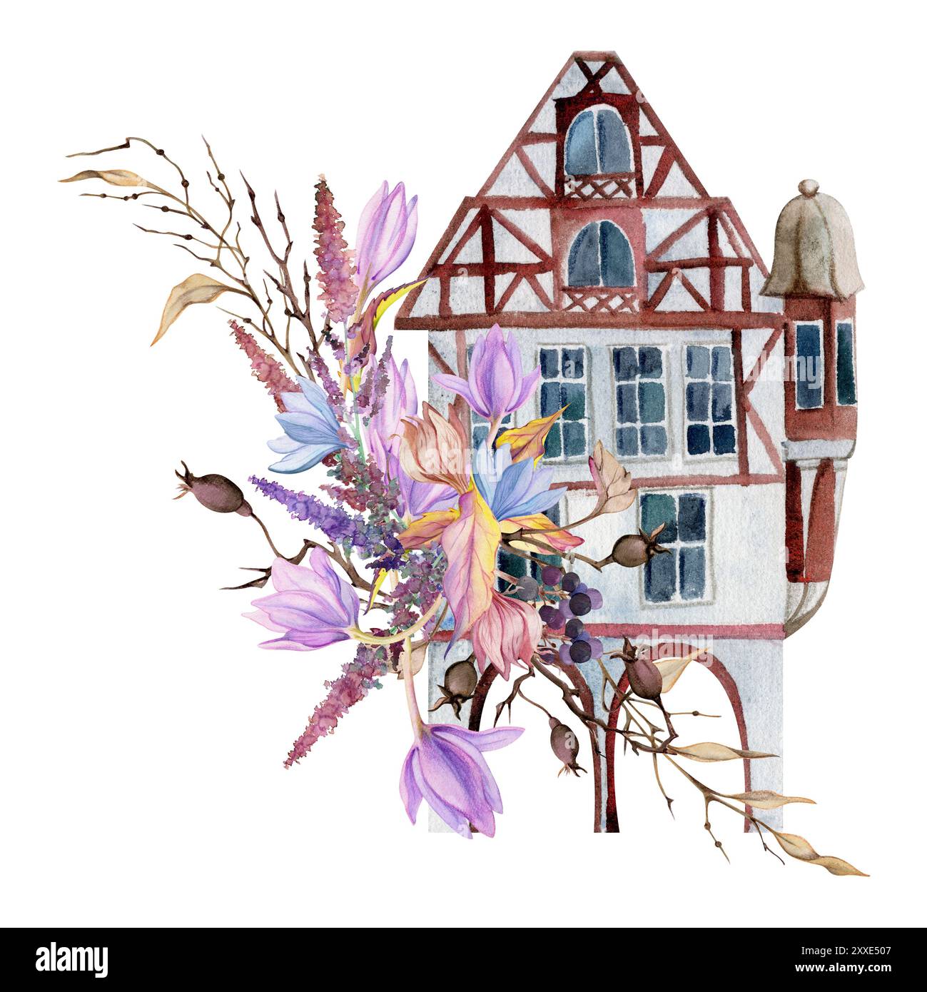 Vieille ville européenne rue de la ville maisons façades, lavande crocus fleurs brindilles. Bâtiment historique de paysage urbain. Aquarelle illustration dessinée à la main Banque D'Images