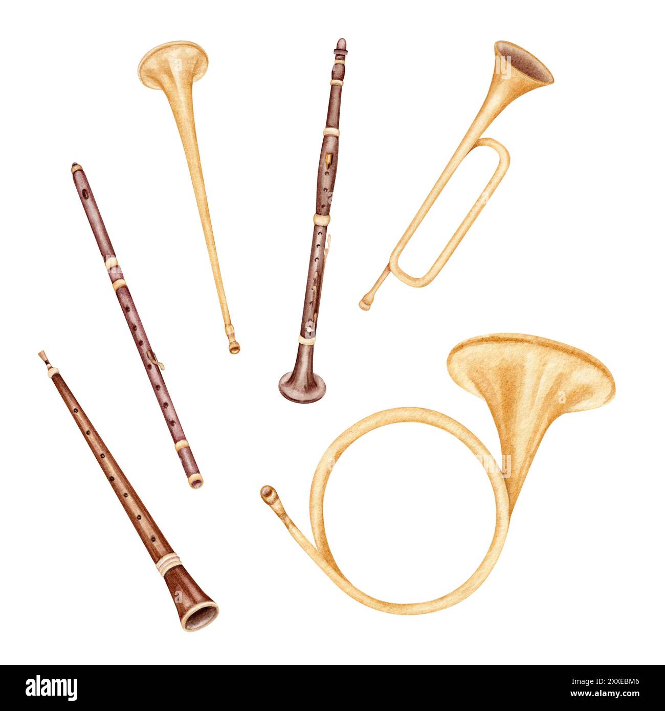 Instruments de musique à vent pour flûte, hautbois et clarinette. Section en laiton avec trompettes et cornes. Collection de musique classique. Aquarelle dessinée à la main illust Banque D'Images