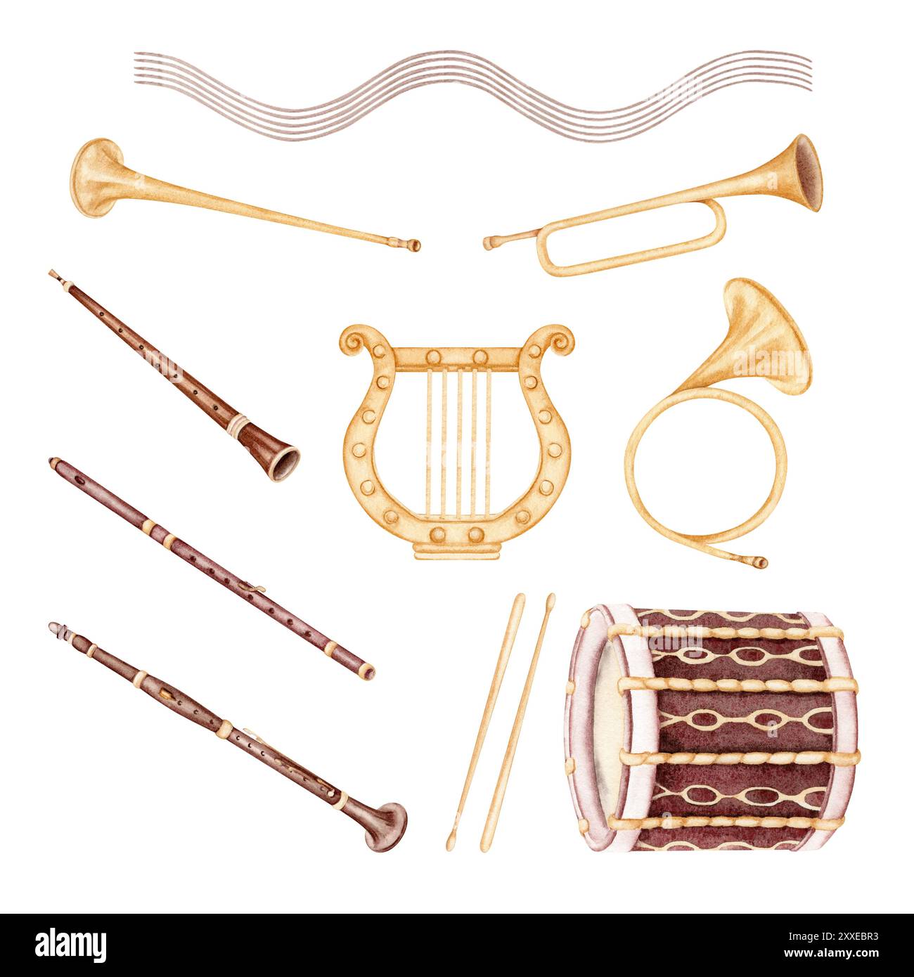 Instruments de musique à vent pour flûte, hautbois et clarinette. Trompette et corne en laiton. Set tambour et Lyre dorée. Collection de musique classique. Eau dessinée à la main Banque D'Images