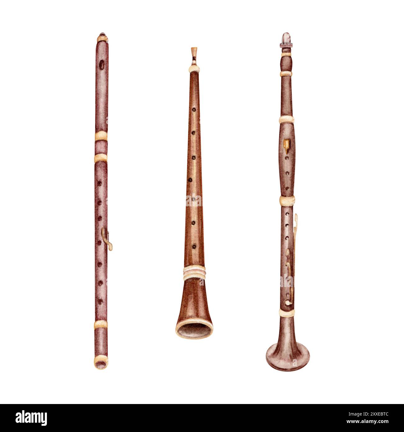 Ensemble d'instruments de musique à vent pour flûte, hautbois et clarinette. Collection de musique classique. Illustration d'aquarelle dessinée à la main isolée de l'arrière-plan Banque D'Images