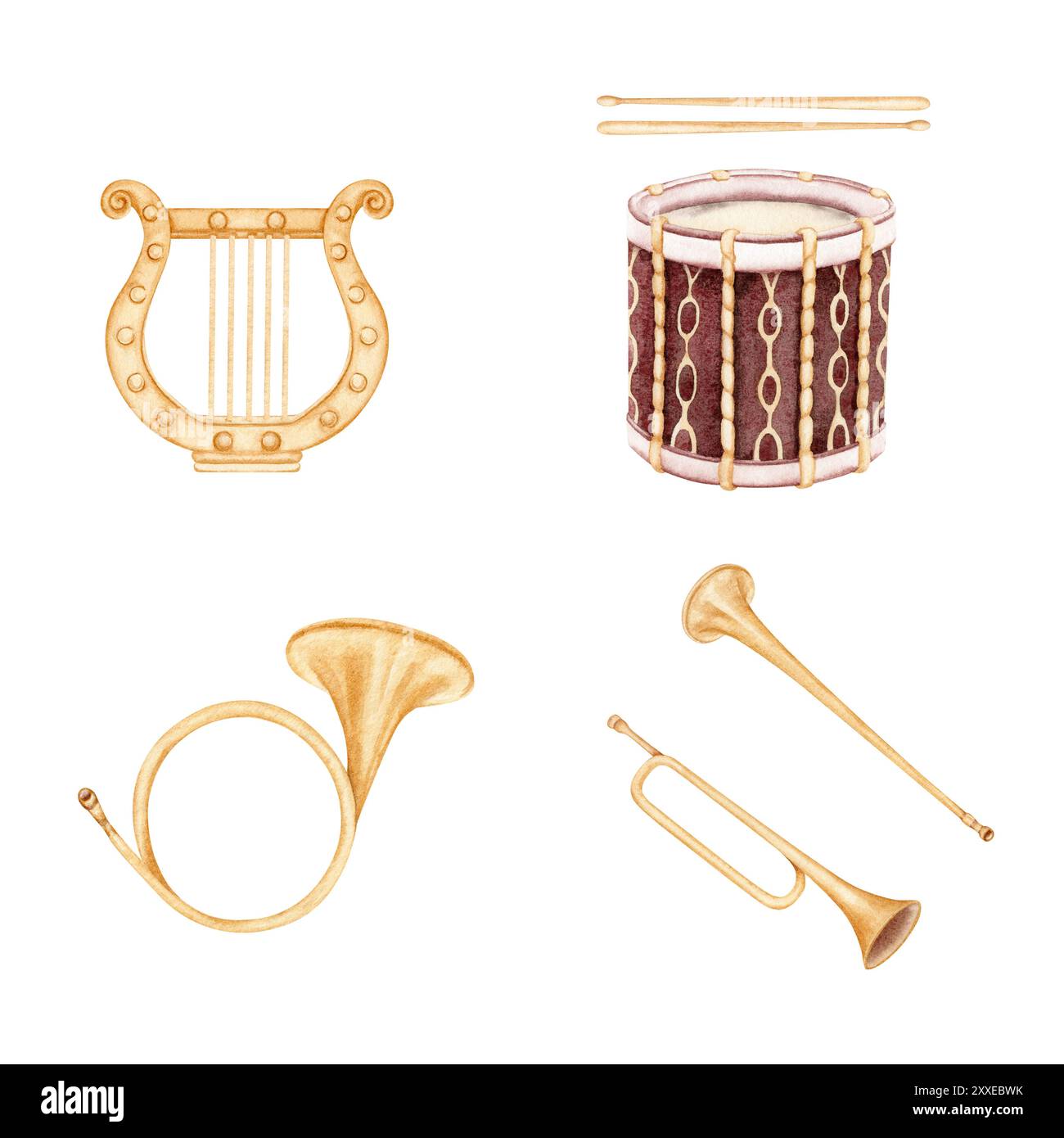Ensemble d'instruments de musique en cuivres trompette et corne. Collection de musique classique avec batterie et Lyre grecque. Illustration d'aquarelle dessinée à la main isolée de Banque D'Images