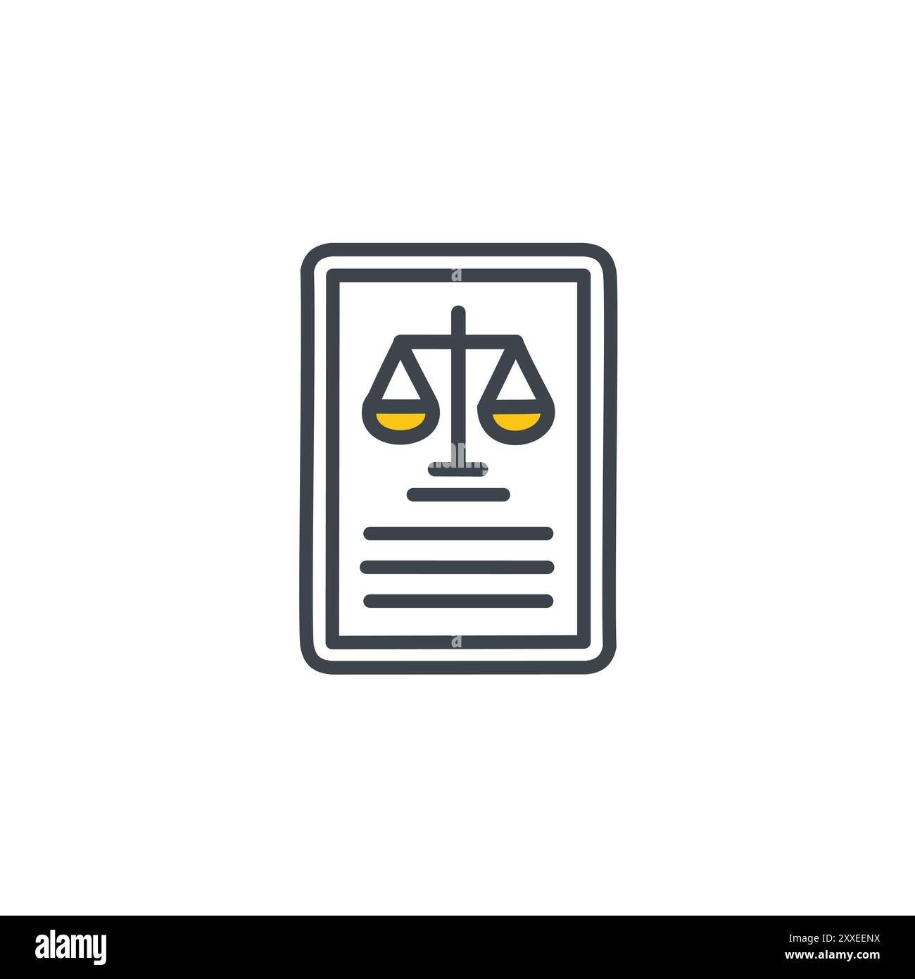 Document de loi avec l'icône des échelles de justice. Icône d'un document juridique avec des échelles de justice représentant l'équité, l'équilibre et les procédures judiciaires. Illustration de Vecteur